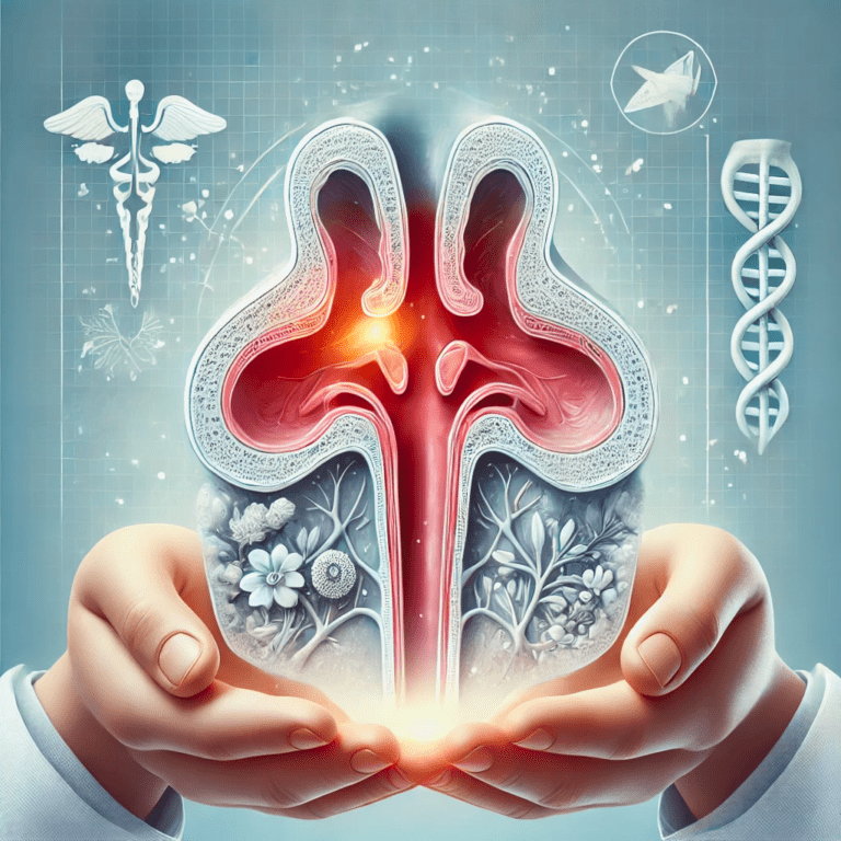 Image illustrates Chronic Sinusitis, focusing on inflamed nasal passages and blocked sinuses in a clean, medical style.