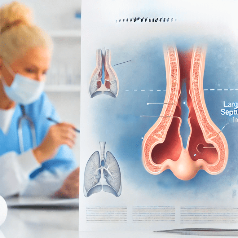 highlight the repair process with a detailed nasal septum diagram and a medical professional explaining the procedure.